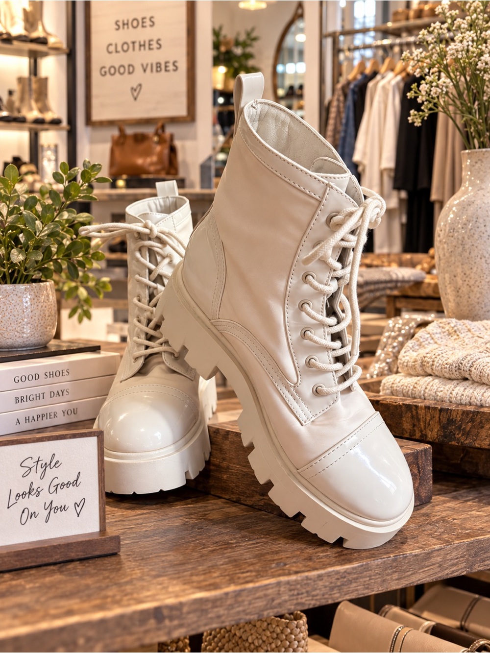 Nine West Cream Lace-Up Chunky Lug Boots